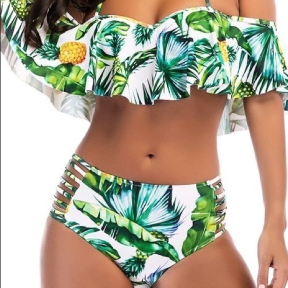 Tropical Oasis Two piece white swimsuit with leaves